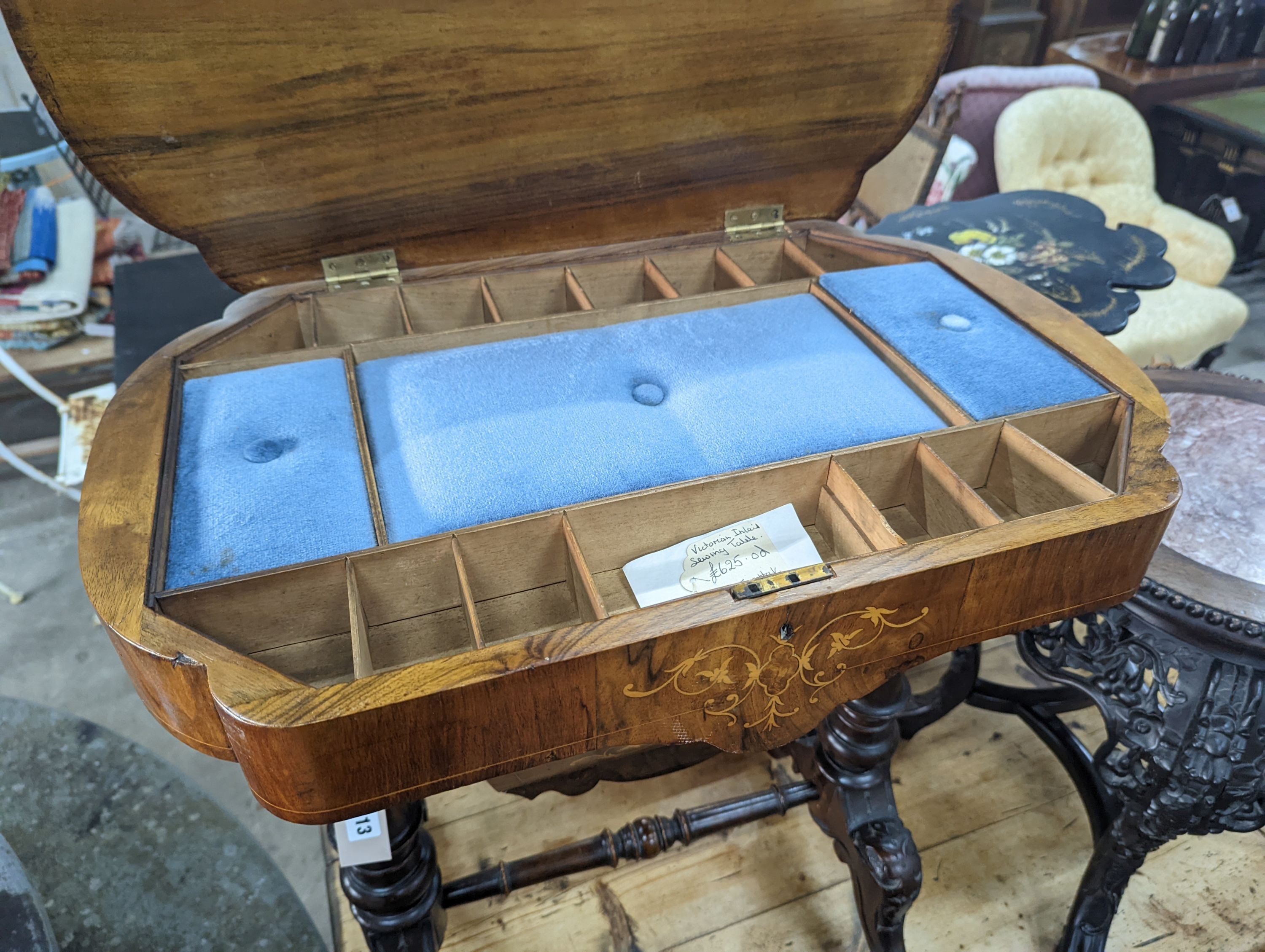 A Victorian marquetry inlaid walnut work table, width 64cm, depth 41cm, height 72cm